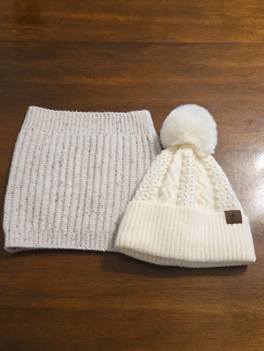 womens Cream Knit Pom Pom Beanie and Neck Warmer Set
